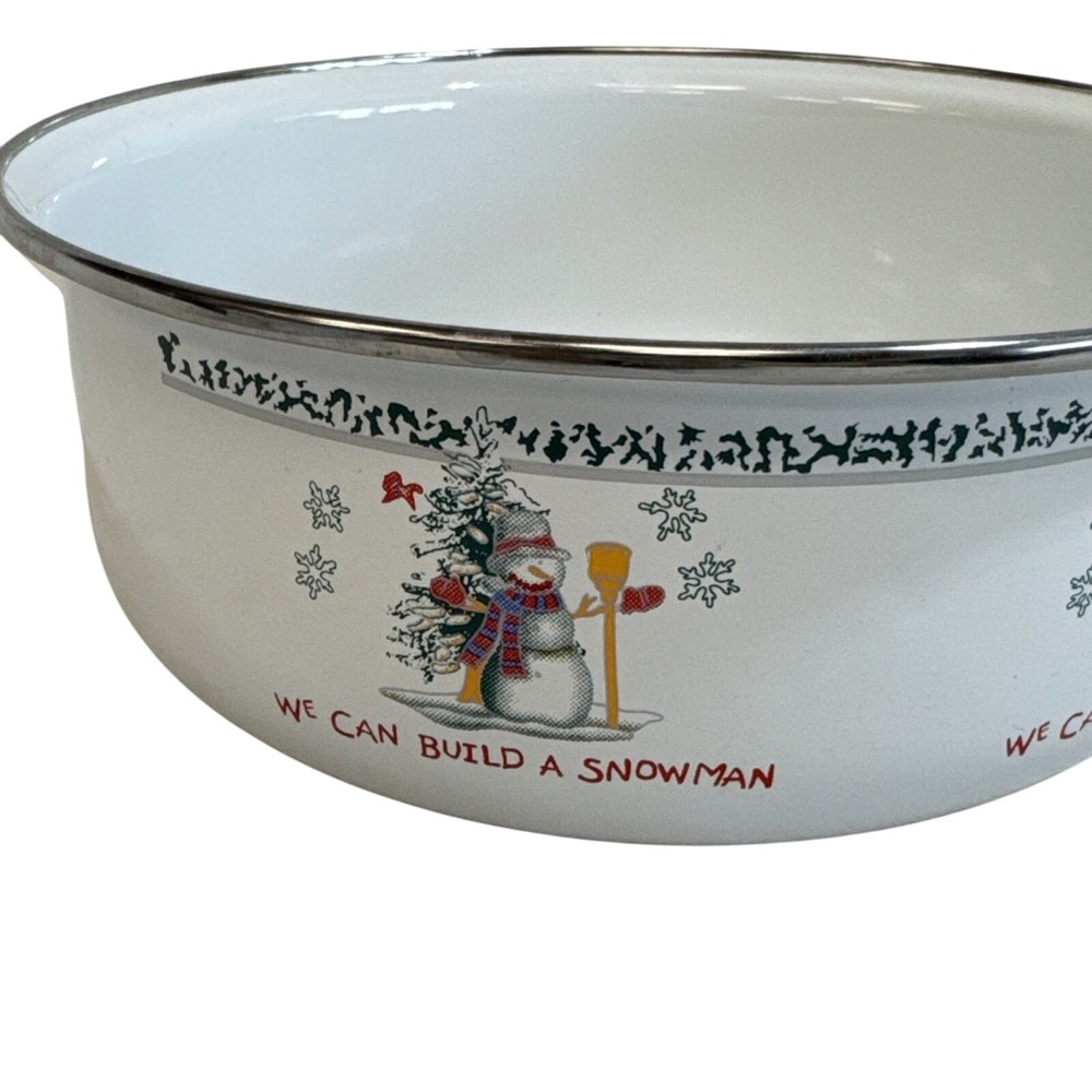 Enamelware Snowman Bowl with Lid Holiday Christmas Decor Set Serving Lot of 2